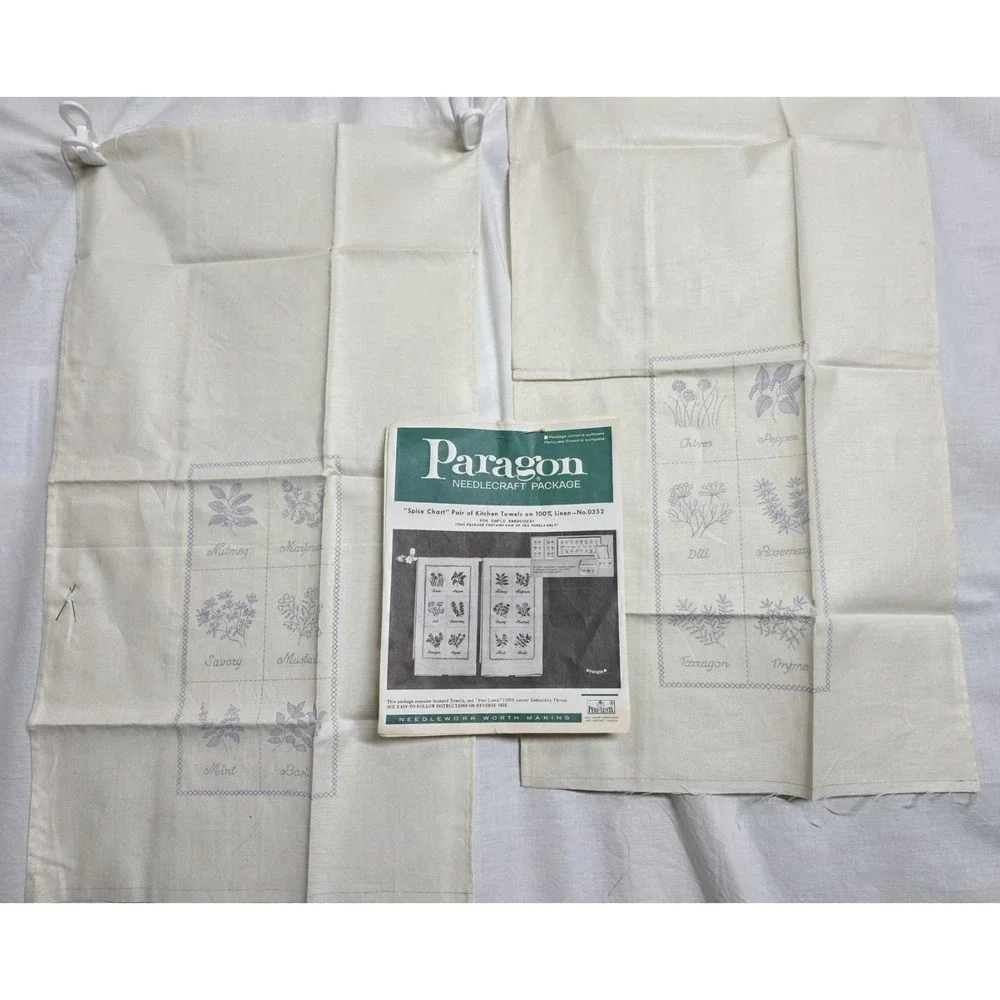 Vintage Paragon Spice Chart Embroidery Kitchen Towels Kit 0352 100% Linen